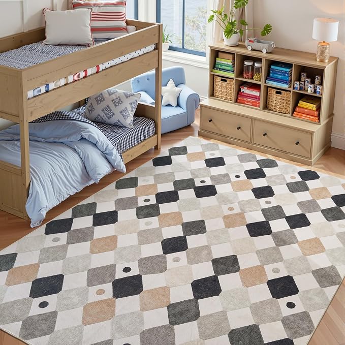 jinchan Macy 8x10 Kids Area Rug for Classroom Black and White Modern Colorful Nursery Rug Checkered Diamond Play Mat Washable Soft Non Slip Carpet for Playroom Living Room Bedroom Marble on Cream