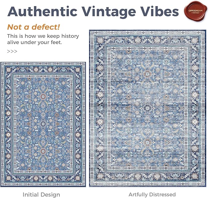 OPPODREAM Vintage Blue Area Rugs 10x14, 10 x 14 Retro Washable Rug Non Slip, Low-Pile Faux Wool Carpet, Distressed Navy Floor Mat for Living Room, Bedroom, Office, Dorm, Dinning Room, Big & Large