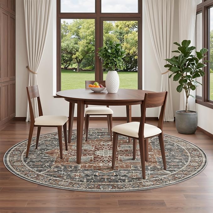 Roxstand Washable 6ft Round Rug - Vintage Non-Slip Circle Rugs for Living Room, Low-Pile Stain Resistant Round Area Rug for Bedroom Dining Room (Grey/Brown/Tan)