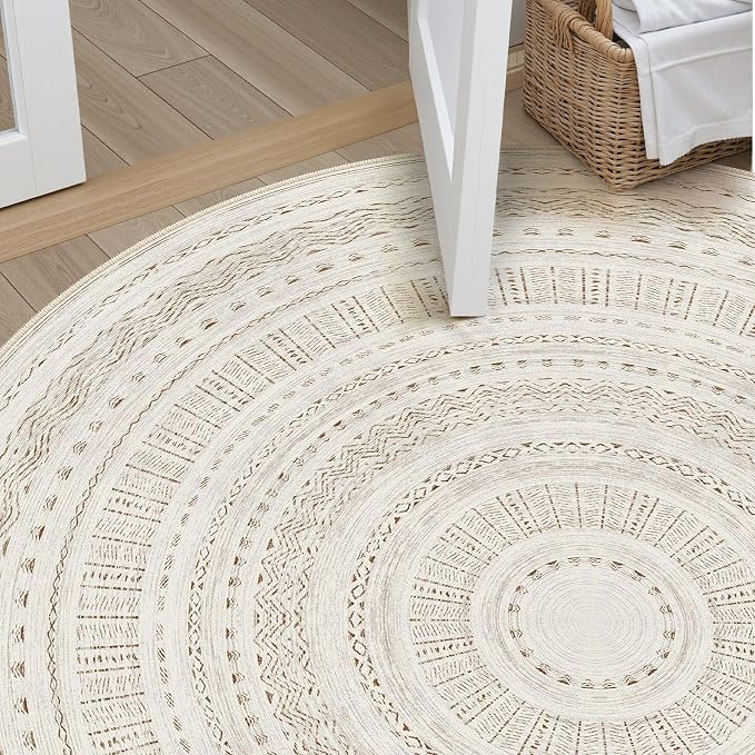 cotiled 8x8 Round Area Rugs Living Room Rug: Washable Boho Rugs with Non Slip Backing Large Soft Indoor Stain Resistant Carpet for Bedroom Farmhouse Dining Room Lightweight Home Decor Brown/Cream