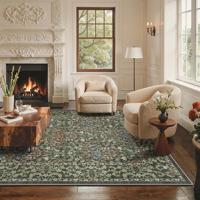 GENIMO 4x6 Washable Area Rug for Bedroom, Non Slip, Emerald Green | Vintage Boho Floral Low Pile Thin Carpet for Bedroom, Dining Room, Nursery, Indoor Decor