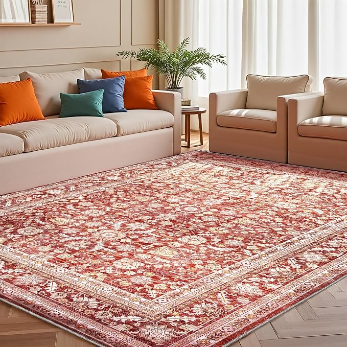OPPODREAM Vintage Red Area Rugs 4x6, 4 x 6 Retro Washable Rug Non Slip, Low-Pile Faux Wool Carpet, Distressed Floor Mat for Living Room, Bedroom, Kitchen, Office, Dorm, Dinning Room