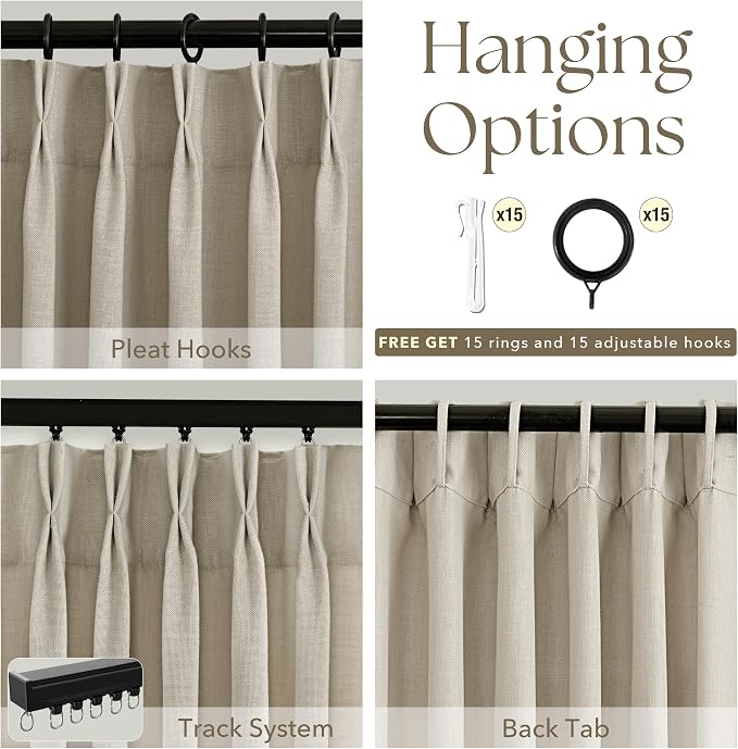 Linen Pinch Pleated Curtains 63 Inch Length 2 Panels for Living Room Bedroom Textured Semi Sheer Drapes Pinch Pleat Rings Window Curtain 40x63