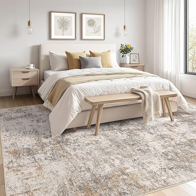 Area Rugs for Living Room: 10x12 Abstract Washable Rug Modern Neutral Large Soft Stain Resistant Non-Slip Backing Machine Table for Bedroom Dining Room Indoor Home Office Carpet - Brown Grey