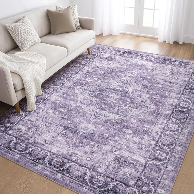 6x8 Area Rug Living Room: Washable Boho Large Neutral Vintage Soft Rug Stain Resistant Farmhouse Non-Slip Indoor Floor Carpet for Bedroom Nursery Kids Playroom Office Dining Room- Purple