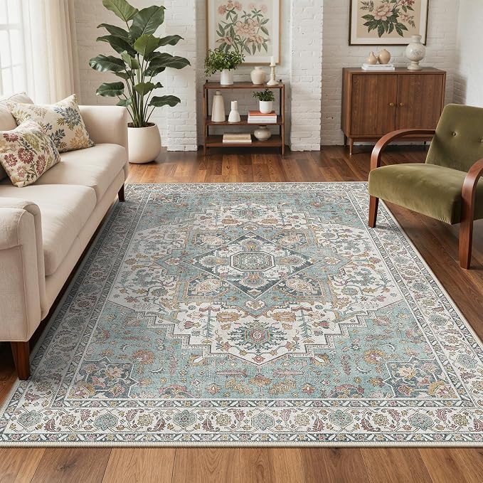 GENIMO 8x10 Area Rugs for Living Room, Machine Washable Non Slip Rugs, Low Pile Lightweight Print Rug for Bedroom, Dining Room, Home Office, Vintage White/Teal