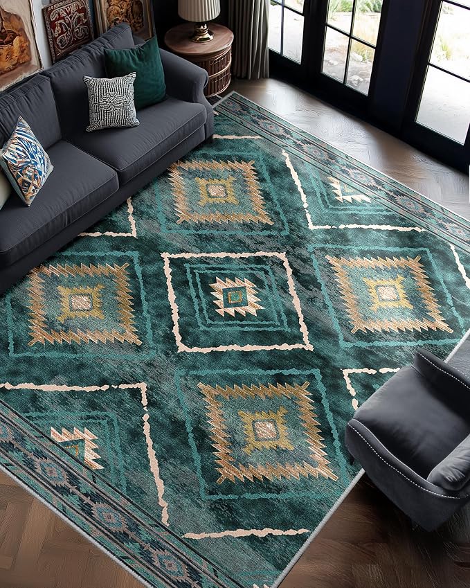 BESTSWEETIE Area Rug 8x10 Rug Machine Washable Non-Slip Low Pile Print Pattern Western Rug for Living Room Bedroom Entryway Tribal Series -Teal/Green