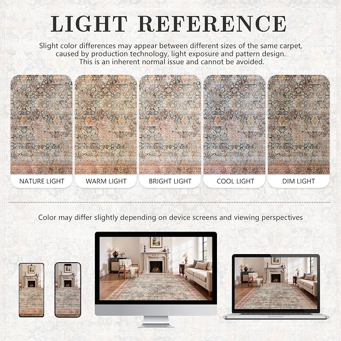 8x10 Area Rugs for Living Room - Washable Vintage Retro Large Rug, Soft Ultra Thin Non Slip Low Pile Traditional Distressed Boho Carpet for Bedroom Dining Room Home Office, Rust Clay