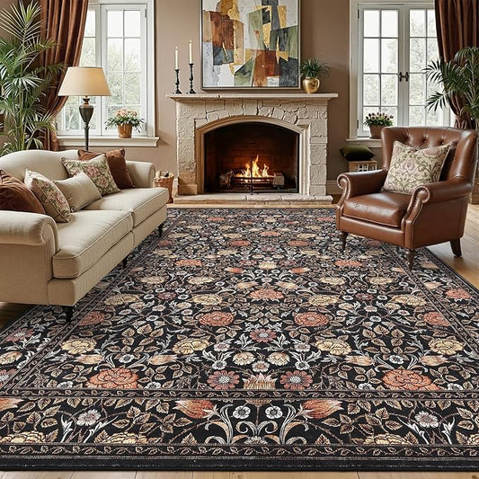 GarveeHome Brown Black Washable 8x10 Area Rugs for Living Room Vintage Floral Boho Botanical Retro Rug Low Pile Stain Resistance Non Slip Carpet for Bedroom Nursery Dining Room
