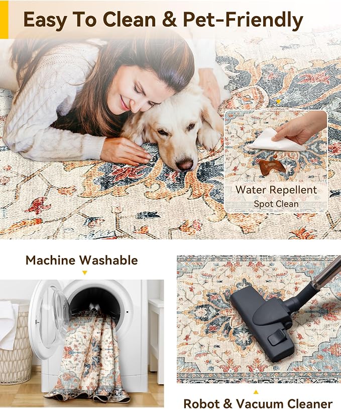 RELEANY Area Rugs 7'x10' Washable Non-Slip, Floral Vintage Distress Medallion Carpet for Living Room Bedroom Dining Room, Beige Navy Blue Orange Colorful