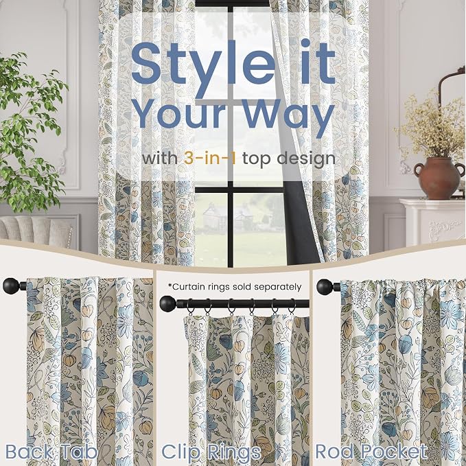 Vangao Blue Nursery Curtains for Kids Room Floral Blackout Curtains 84 Inch Length Farmhouse Drapes for Bedroom Room Darkening Flower Patterned Window Treatment for Kids Set of 2
