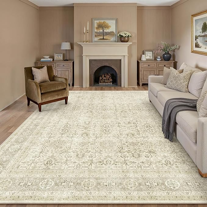 PureCozy Vintage Area Rug 9x12 Beige Washable Living Room Large Carpet Non Slip Bedroom Indoor Office Low Pile Traditional Distressed Retro Accent Rug for Dining Room