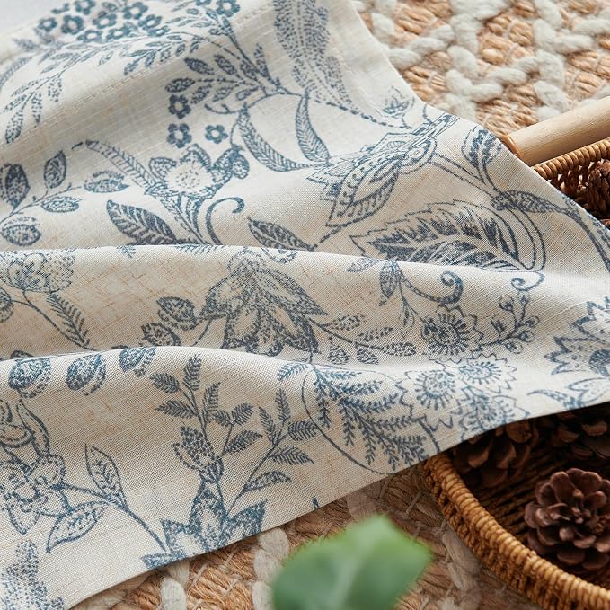 jinchan Linen Valance Curtain Farmhouse Floral Printed Small Window Curtain for Kitchen Rustic Country Light Filtering Valance for Living Room Bedroom Bathroom 16 Inch Rod Pocket 1 Panel Blue on Beige