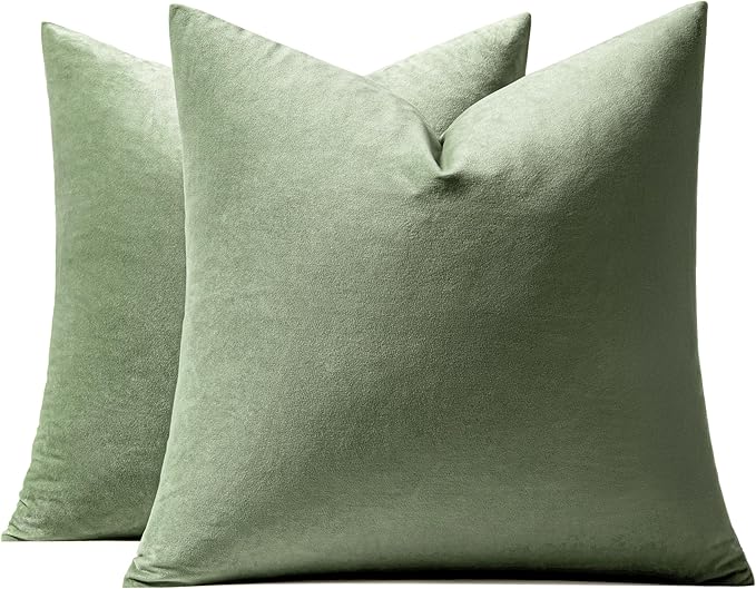 MIULEE Velvet Throw Pillow Covers 16x16 Inch, Pack of 2 - Sage Green, Soft Solid Decorative Pillow Covers Cushion Cases Modern Luxury Home Decor for Spring Couch Sofa Bedroom Livingroom