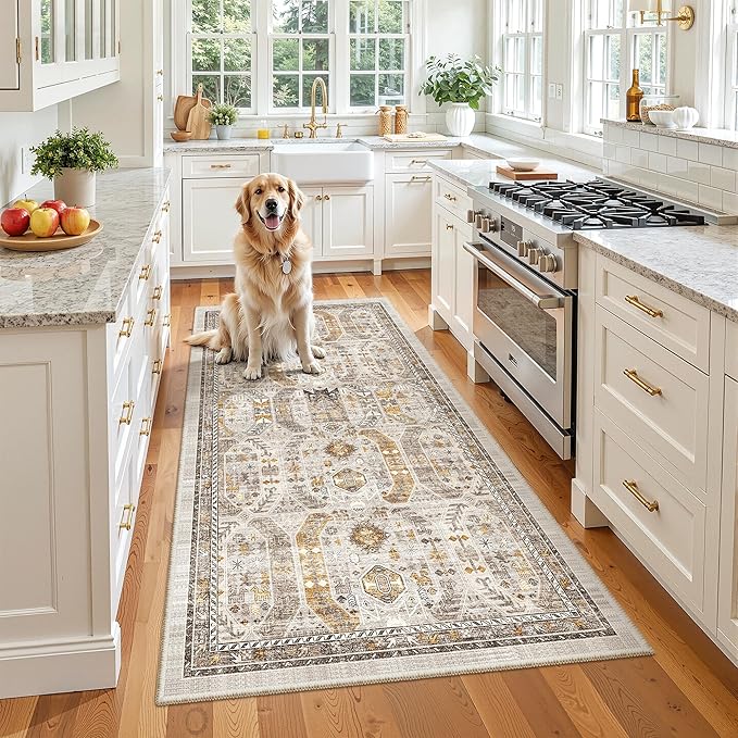 Madane Washable Runner Rug 3x6 Runners for Hallways Non Slip, Brown/Gold | Vintage Stain-Resistant 6 Feet Kitchen Rug, Soft Low-Pile Ultra-Thin Floor Carpet Mat for Bathroom Laundry Room Bedroom 2x6ft