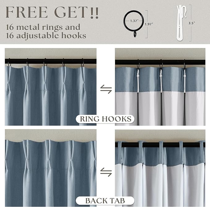 Dusty Blue Pinch Pleated 100% Blackout Linen Curtains for Bedroom 84 Inch Length Room Darkening with Liner Light Blue Window Curtains 84 Inches Long for Living Room Black Out Pleat Drapes Back Tab