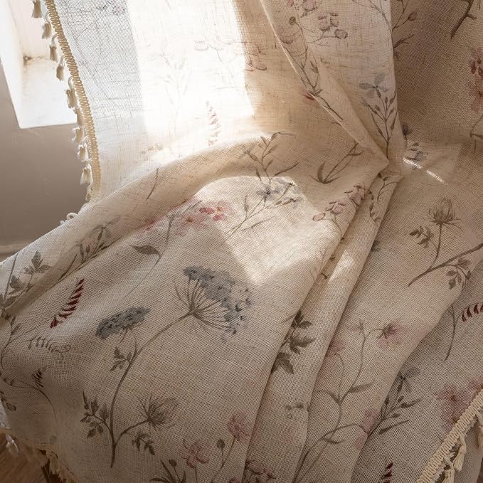 OYX Boho Floral Curtains 84 Inch, Farmhouse Floral Linen Drapes with Tassels, Light Filtering Semi Sheer Curtains for Living Room Bedroom, 2 Panels, Rod Pocket, 52Wx84L