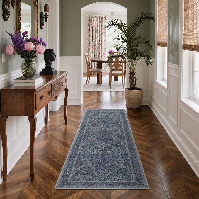 GENIMO 8x10 Washable Area Rugs for Living Room, Non Slip, Navy Slate | Vintage Boho Floral Low Pile Thin Carpet for Bedroom, Dining Room, Nursery, Indoor Decor