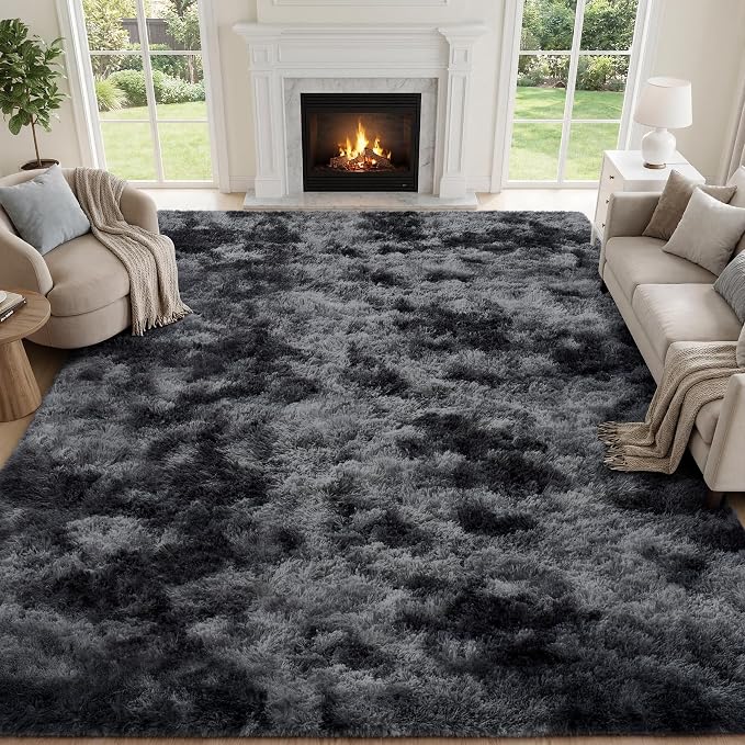 Area Rug for Living Room Bedroom:6x9 Black Grey Soft Fluffy Shag Upgrade Non-Slip High Pile Carpet Large Fuzzy Plush Indoor Floor Decor Shaggy Rug for Kid Boys Girls Playroom Nursery Modern Home