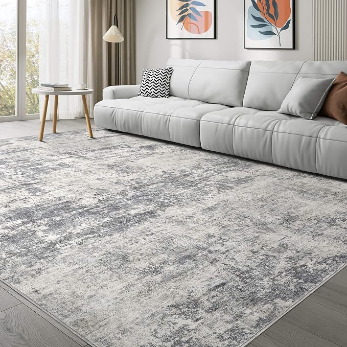 Abstract 10x12 Area Rug: Machine Washable Non Slip Ultra Thin Low-Pile Carpet, Soft Stain Resistant for Living Dining Room Bedroom, Kid Pet Friendly, Robot Vacuum Compatible - Grey Beige