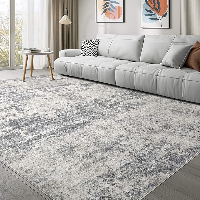 Abstract 10x14 Area Rug: Machine Washable Non Slip Ultra Thin Low-Pile Carpet, Soft Stain Resistant for Living Dining Room Bedroom, Kid Pet Friendly, Robot Vacuum Compatible - Grey Beige