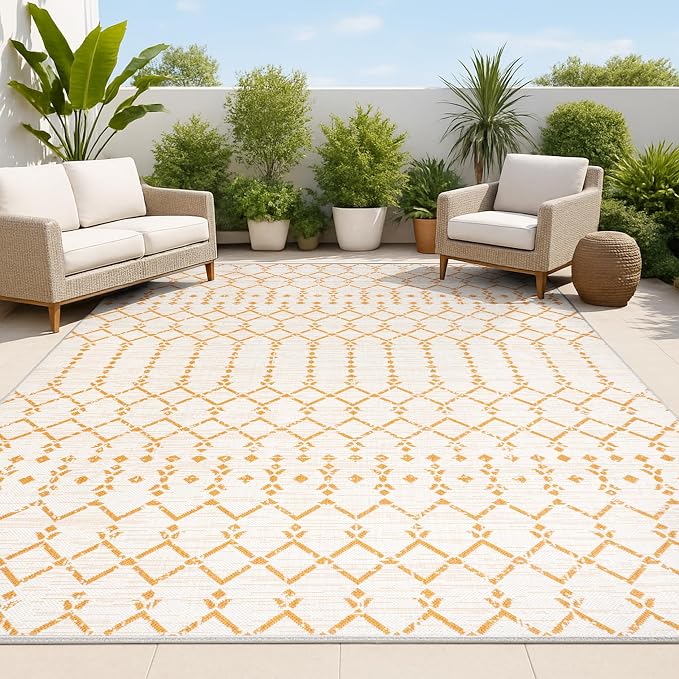 JONATHAN Y Moroccan Geometric Indoor Outdoor Area Rug 5X8 Cream/Orange, Ourika Textured Weave for Backyard, Patio, Porch, Easy-Cleaning, High Traffic, Pet-Friendly, Non-Shedding (SMB108O-5)