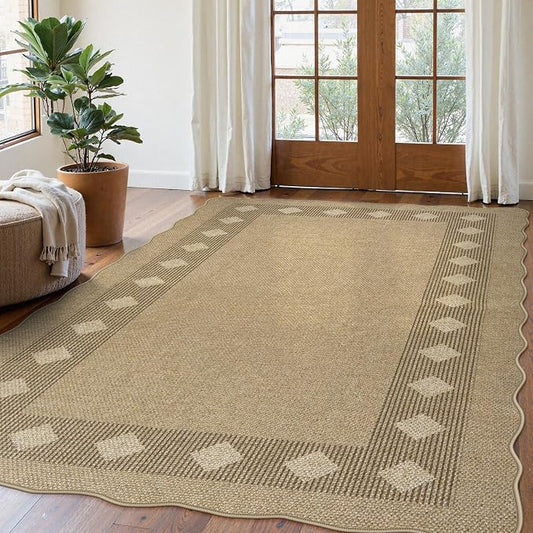 LIVEBOX Easy Jute Diamond Rug for Living Room, Scalloped Washable 5x7 Tan Rug for Bedroom, Geometric Checkered Non-Slip Indoor Outdoor Rug Dining Room Modern Carpet Area Rug for Patio Home Office Mat