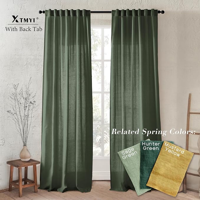 XTMYI 96 Inches Long Curtains Drapes for Sliding Glass Patio Door,Textured Cotton Boho Linen Sheer Window Curtain Panels,Set of 2,Moss Olive Green