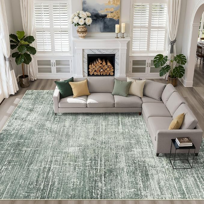 10x14 Area Rugs Living Room: Washable Large Neutral Rug Abstract Soft Modern Stain Resistant Indoor Floor Non-Slip Carpet for Bedroom Nursery Kids Office Playroom Dining Room Under Table- Dark Green