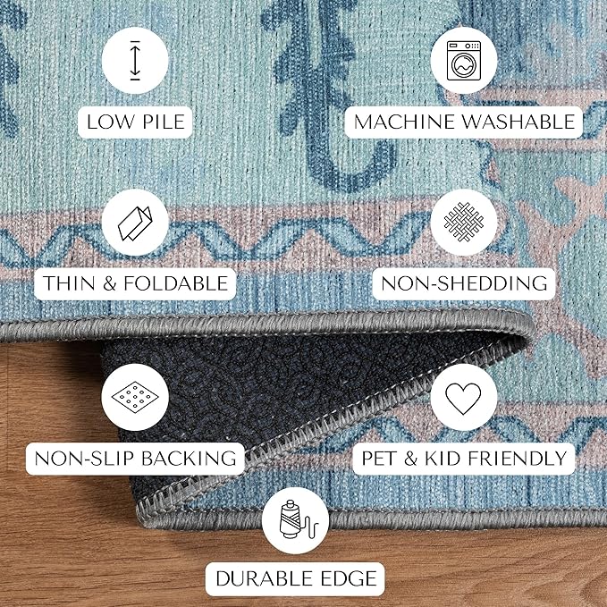 Teal Blue Oushak Large Area Rug 8x10 - Washable Boho Rug Vintage Turkish Non-Slip Carpet Non-Shedding Extra Large Area Rugs for Living Room, Dining, Bedroom, Lounge, Farmhouse