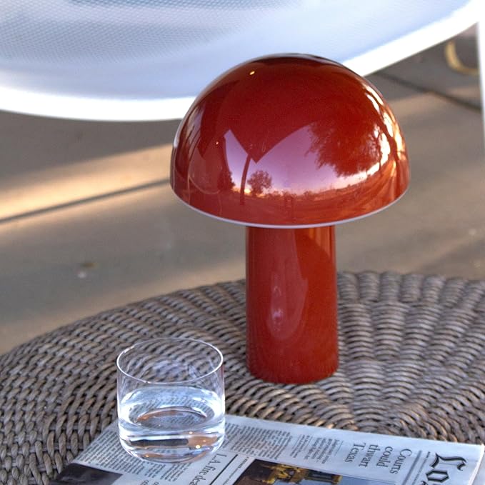 Brightech Celia Mood Lamp – 10" Touch-Controlled Mushroom Table Lamp, Cordless & Dimmable LED, Portable & Rechargeable Bedside Night Light, Sustainable Recycled Modern Patio Lamp for Home Décor – Red