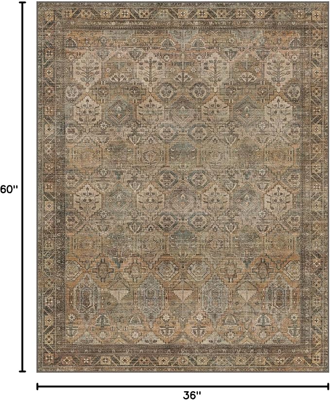 GENIMO 3x5 Area Rugs for Living Room, Machine Washable Non Slip Vintage Rugs, Low Pile Lightweight Chenille Print Rug for Bedroom, Dining Room, Home Office, Warm Taupe