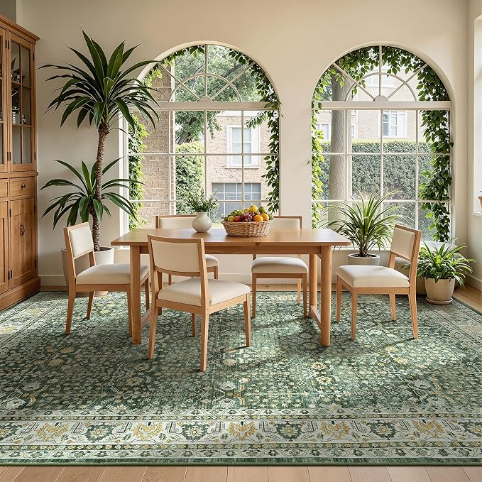 Lofus 8x10 Large Area Rug for Living Room & Bedroom Washable Non-Slip | Soft Sage Green Boho Vintage Area Rugs for Dinning Room Home Office Indoor