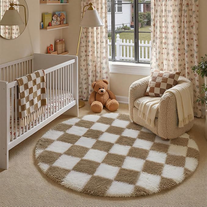 PureCozy 6x6 Round Rugs for Living Room Brown Soft Shag Checkered Large Rug Modern Washable Indoor Office Fuzzy Carpet Non-Slip Fluffy Rugs for Bedroom Nursery Dorm Playroom Home Aesthetic Decor