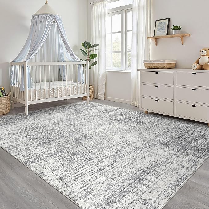 8x10 Area Rugs Living Room: Washable Large Neutral Grey Rug Abstract Soft Modern Stain Resistant Indoor Floor Non-Slip Carpet for Bedroom Nursery Kids Office Playroom Dining Room Under Table Home