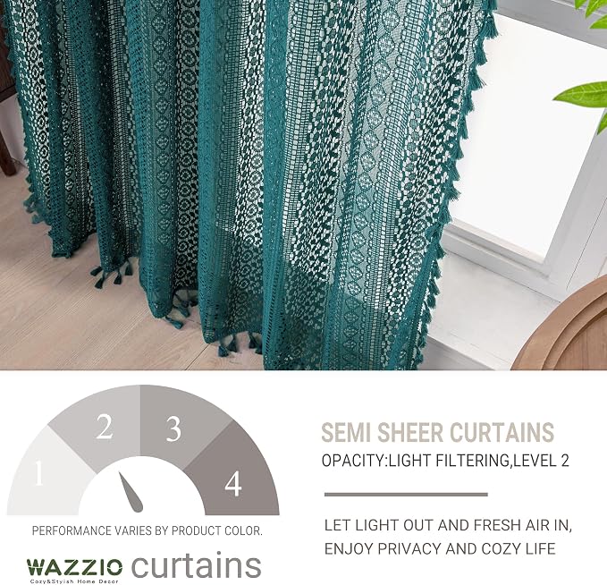 WAZZIO Boho Lace Curtains 45 Inches 2 Panel,Light Filtering Privacy Tassel & Geometry Crochet Semi Sheer Curtain Drapes for Bedroom Living Dining Room,Rod Pocket & Tassel,Coastal Style,Teal