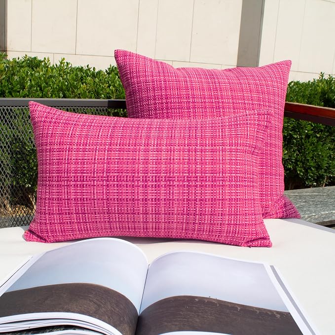 Kevin Textile Pack of 2 Decorative Outdoor Waterproof Throw Pillow Covers Lumbar Pillowcases Modern Cushion Cases for Patio Couch Bench 22 x 22 Inch Hot Pink