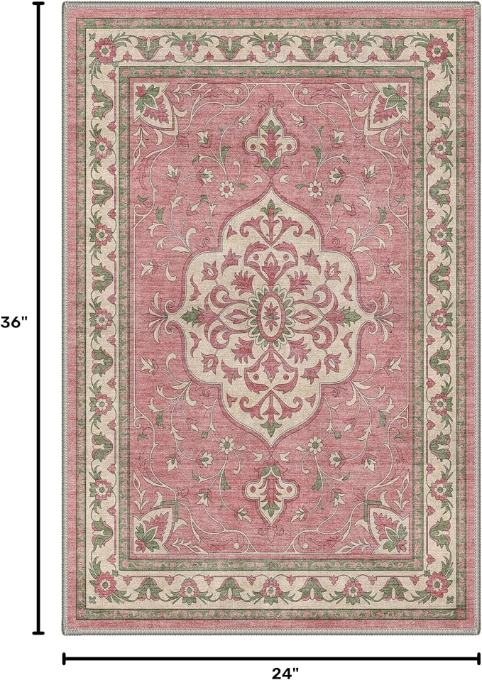 GENIMO 2x3 Rug Machine Washable Low Pile Indoor Entryway Mat for Kitchen Entrance Front Door Bathroom with Non Slip Backing Floral Medallion Dusty Pink