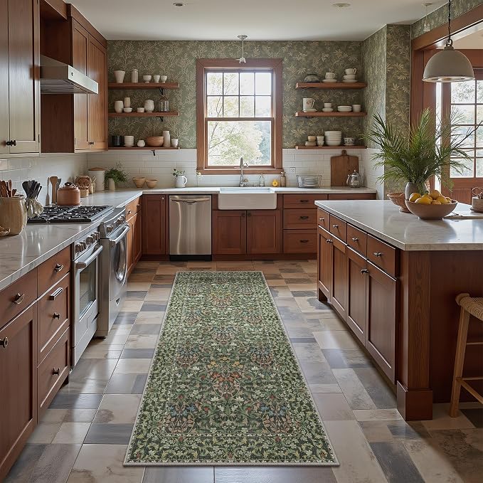 GENIMO 2.5x6 Washable Kitchen Runner Rug, Non Slip Mat, Emerald Green | Vintage Boho Floral Low Pile Thin Mat for Entryway, Kitchen, Bedroom, Indoor Decor