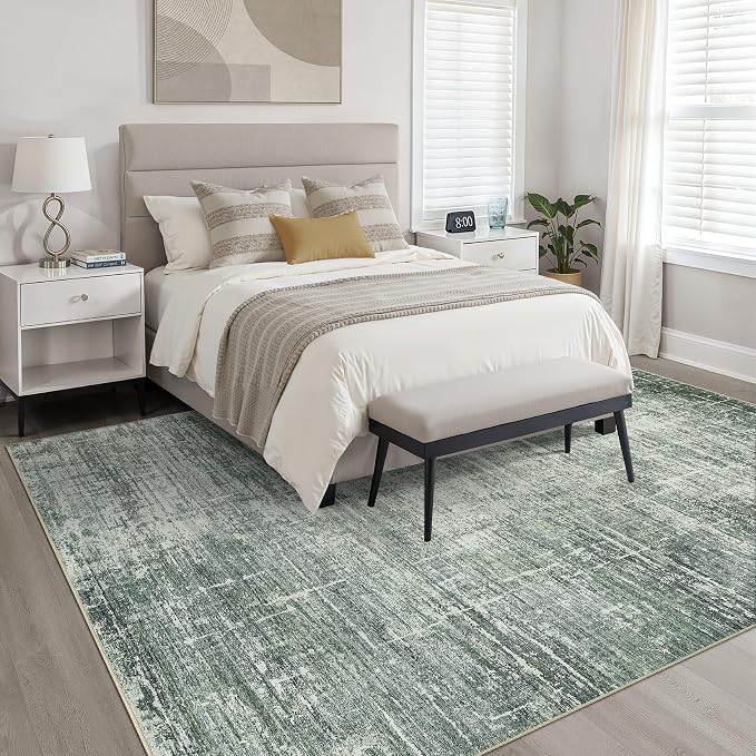 7x9 Area Rug Living Room: Washable Large Neutral Rugs Abstract Soft Modern Stain Resistant Indoor Floor Non-Slip Carpet for Bedroom Nursery Kids Office Playroom Dining Room Under Table- Dark Green