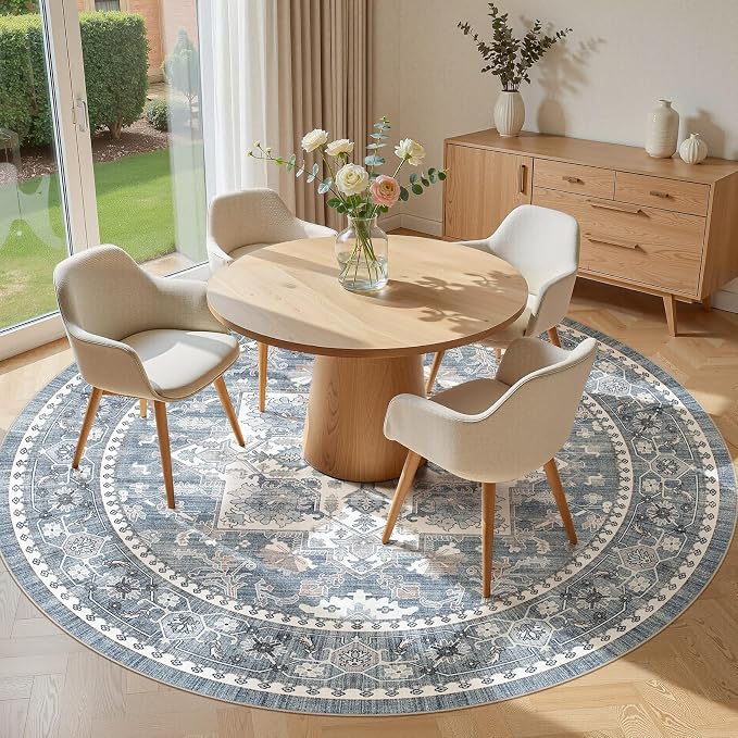 5ft Round Area Rug: Washable Vintage Neutral Soft Non Slip Thin Large Floor Carpet for Living Room Bedroom Kitchen Dining Room Home Office Farmhouse Indoor - Blue