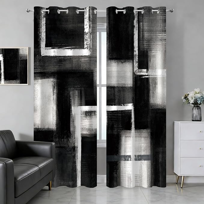 Boho Black and Grey Abstract Blackout Curtains, Retro Rustic Gray Neutral Contemporary Modern Geometric Darkening Thermal Insulated Grommet Light Blocking Drape Decor, 52 x 84 Inch Long 2 Panels