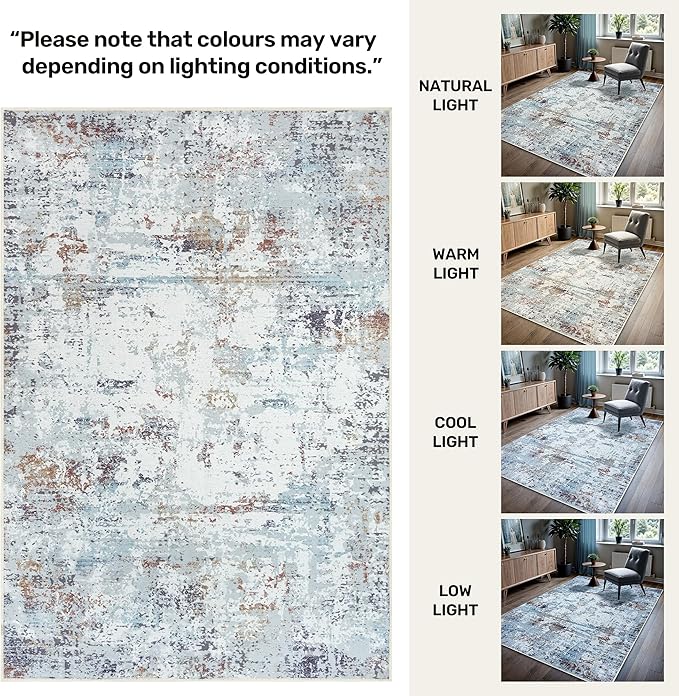 GLN Rugs Contemporary Collection - Machine Washable Area Rug, Contemporary Washable, Non Slip, Low Pile Chenille Rug, Living Room, Bedroom, Kitchen Rug (8' x 10' White/Grey/Blue/Brown)