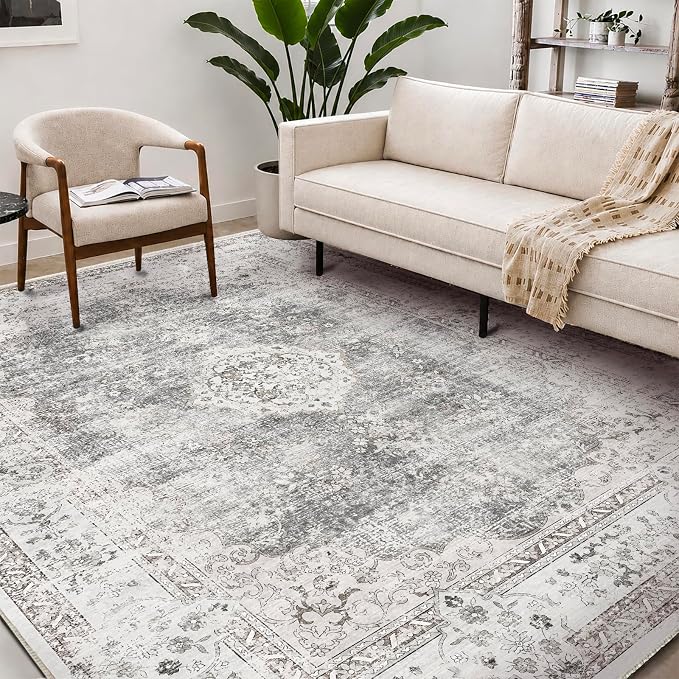 CHAMPLANT Washable Area Rug 9'x12' Retro Boho Design Non-Shedding Easy Care Ideal for High Traffic Areas in Living Room Bedroom Office Coffee Table Kitchen Large Carpet