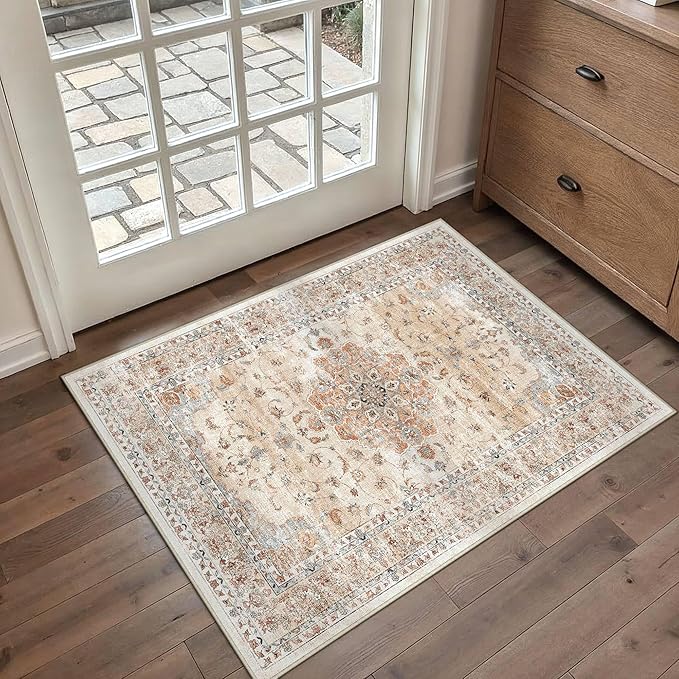 HUGEAR Entryway Area Rugs 2x3 Machine Washable Vintage Orange Small Throw Carpet Non Slip Stain Resistant Low Pile for Hallway Kitchen Retro Aesthetic Modern Decor