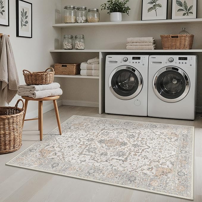 GENIMO 5x7 Area Rugs for Living Room, Machine Washable Non Slip Vintage Rugs, Low Pile Lightweight Chenille Print Rug for Bedroom, Dining Room, Home Office, Gray Brown