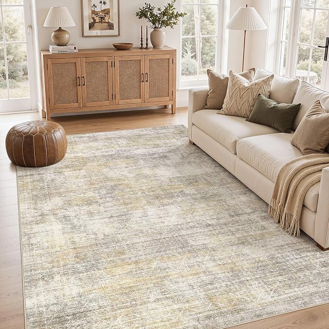 cotiled Washable Area Rugs 5x7 Living Room | Non Slip Backing, Stain Resistant, Pet Friendly, Large Neutral Soft Indoor Carpet For Bedroom, Nursery, Office, Gold/Brown