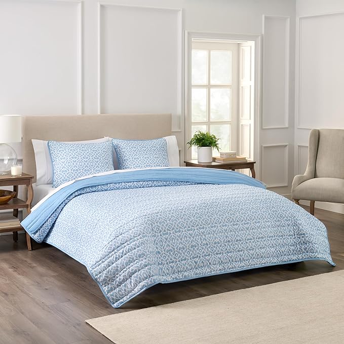 Waverly Kaidyn 3 Piece Quilt Set - Light Weight Printed Microfiber Bedding, Queen Blue