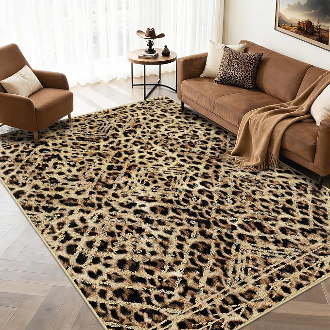 BESTSWEETIE Area Rug 5x7 Rug Machine Washable Non-Slip Low Pile Print Pattern Western Rug for Living Room Bedroom Entryway Tribal Series-Dark/Leopard