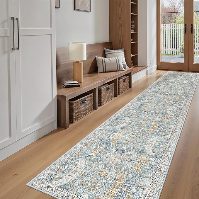 Madane Washable Runner Rugs 2x12 Long for Hallway Kitchen Soft, Blue/Gold | Non-Slip Vintage Printed 12ft Rug Runners with Rubber Backing, Low-Pile Floor Carpet Laundry Room Entryway, Corridor